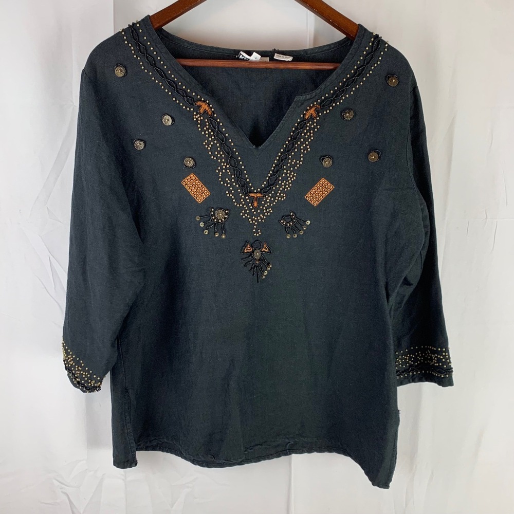 Kaktus Blouse Women XL Black Beaded Linen Blend 3/4 Sleeve‎ Boho V-Neck Top